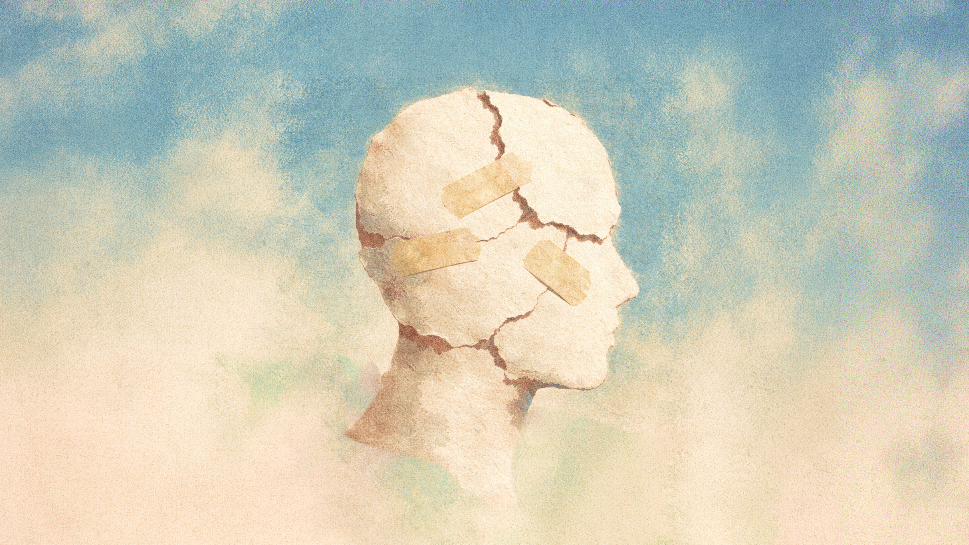 Illustration of a human head made of cracked material with bandages, set against a cloudy sky background.